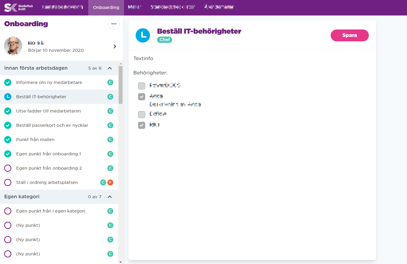 The SLUSSEN onboarding checklist, styled in Skellefteå Kraft's brand.